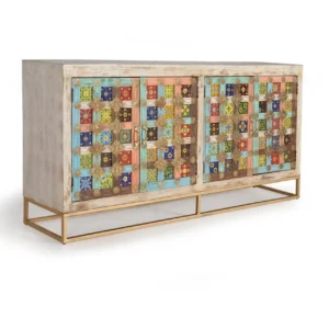 Aparador 4 Puertas Madera Natural Mango Detalles Azulejos y Bronce en Blanco Envejecido - Giner y Colomer (1)
