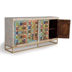 Aparador 4 Puertas Madera Natural Mango Detalles Azulejos y Bronce en Blanco Envejecido - Giner y Colomer (3)
