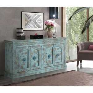 Aparador Madera Mango Color Azul 4 Puertas Detalles Metal 190x45x100 - Giner y Colomer-1