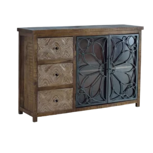 Aparador de Madera de Mango 3 Cajones + 2 Puertas Cristal con Detalles Metálicos - Giner y Colomer