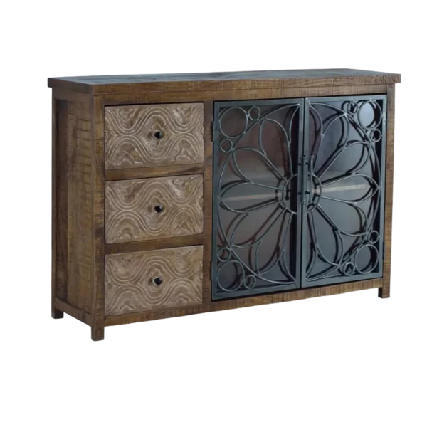 Aparador de Madera de Mango 3 Cajones + 2 Puertas Cristal con Detalles Metálicos - Giner y Colomer
