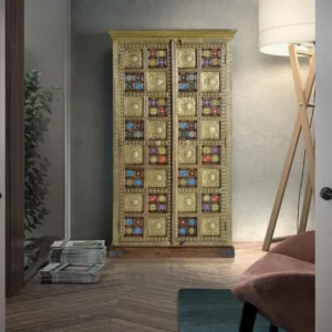 Armario de 2 Puertas Madera Acacia con Incrustaciones Cerámicas y Bronce - Giner y Colomer (1)