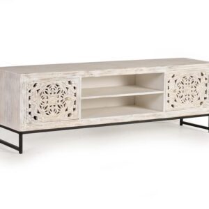 MUEBLE TV EN MADERA DE MANGO TALLADO A MANO CON DOS PUERTAS, ESTANTE CENTRAL Y PATAS EN METAL GINER Y COLOMER