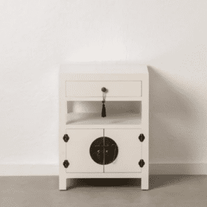 Mesita de Noche Blanco de Madera DM Estilo Oriente 1 Cajon 2 Puertas - IXIA (1)