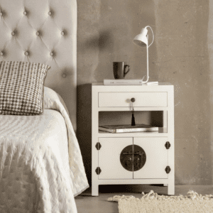 Mesita de Noche Blanco de Madera DM Estilo Oriente 1 Cajon 2 Puertas - IXIA (13)