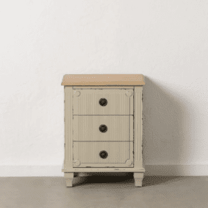 Mesita de Noche Crema de Madera de Abeto 3 Cajones - IXIA (1)
