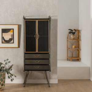 Vitrina de Metal y Cristal Brick Negro-Oro 3 Cajones 2 Puertas - IXIA (12)