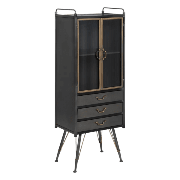 Vitrina de Metal y Cristal Brick Negro-Oro 3 Cajones 2 Puertas - IXIA