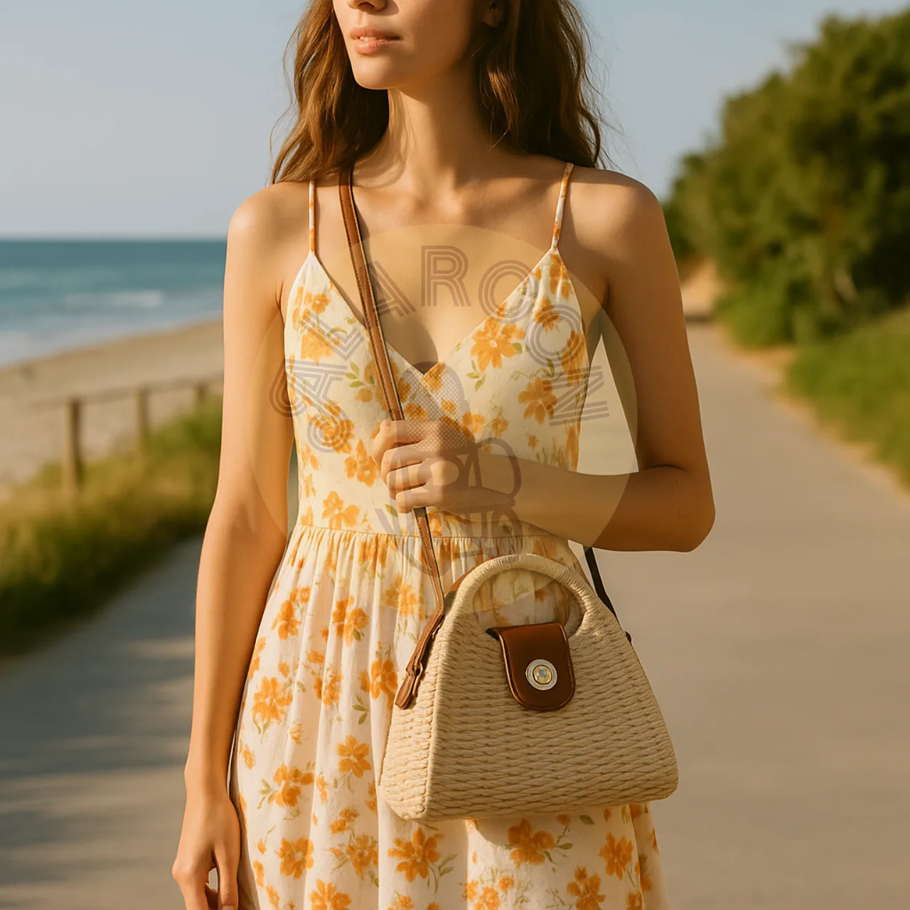 Bolso de mimbre estilo vintage con correa de cuero ajustable y cierre giratorio 30x10x20 - Ideal para verano y outfits boho (3)