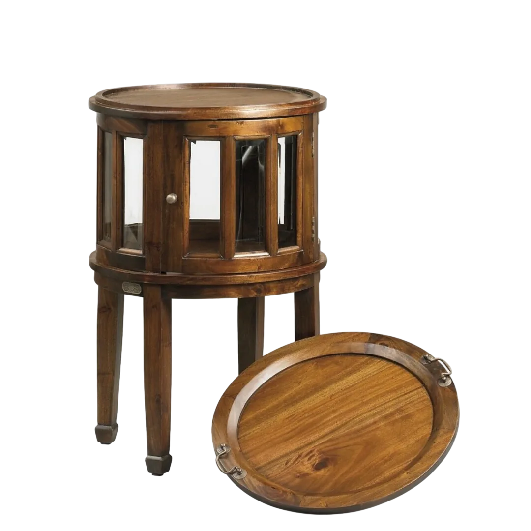 Licorera redonda de caoba con bandeja extraíble cristal biselado y accesorios de bronce requiere montaje de patas 50x50x78cm - Moycor - 143276MYC - foto-transparente