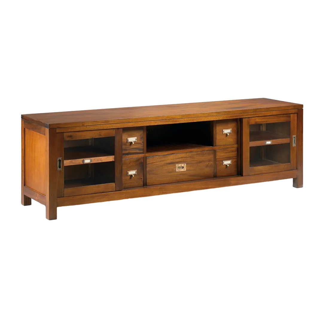Mueble TV Flamingo 5 cajones 2 puertas correderas hecho a mano con tiradores en bronce - Moycor - 14609MYC - foto-transparente