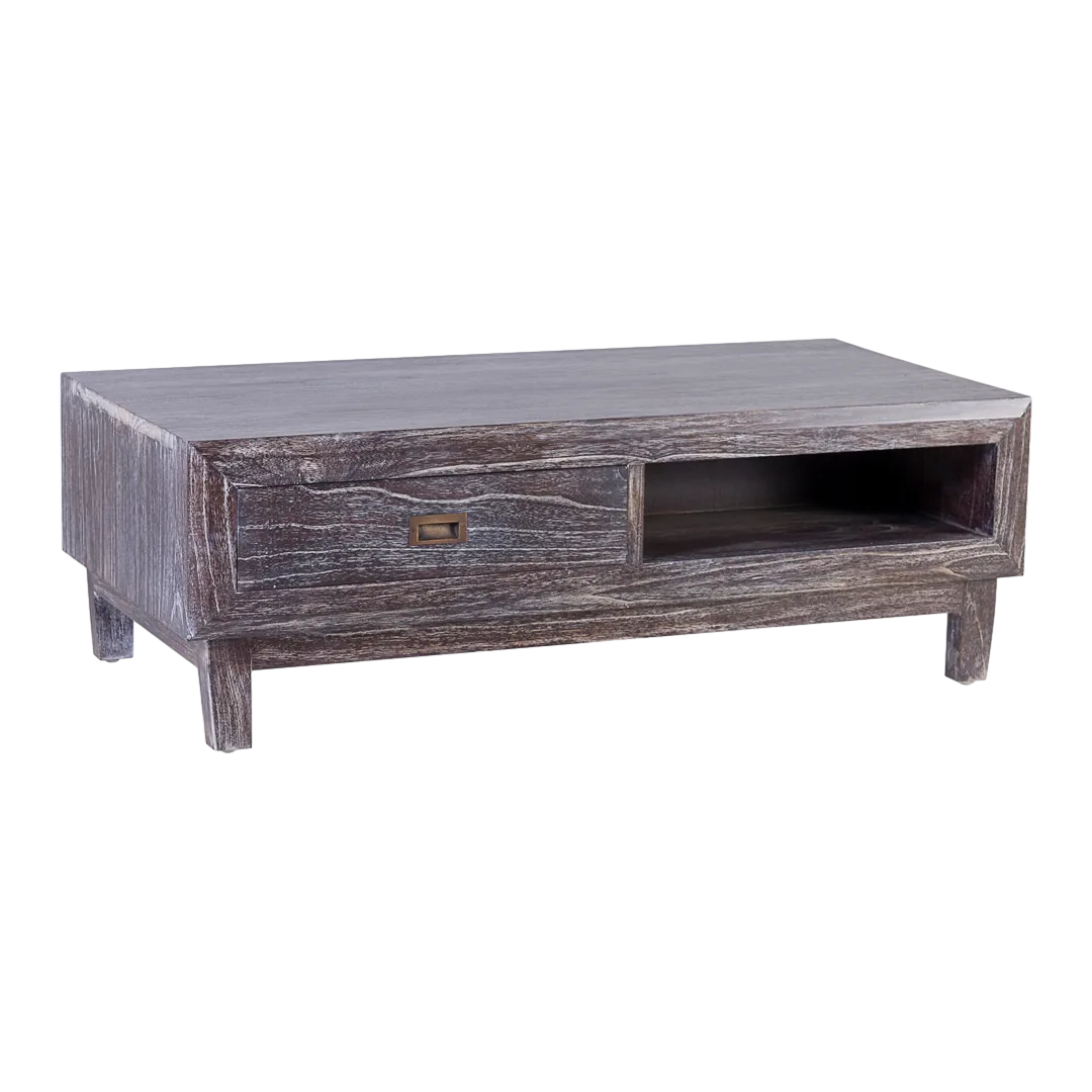 Mesa de centro Sindoro 2 cajones 2 huecos hecha a mano en madera maciza acabado rústico tiradores bronce - Moycor - 308104XMYC - foto-transparente