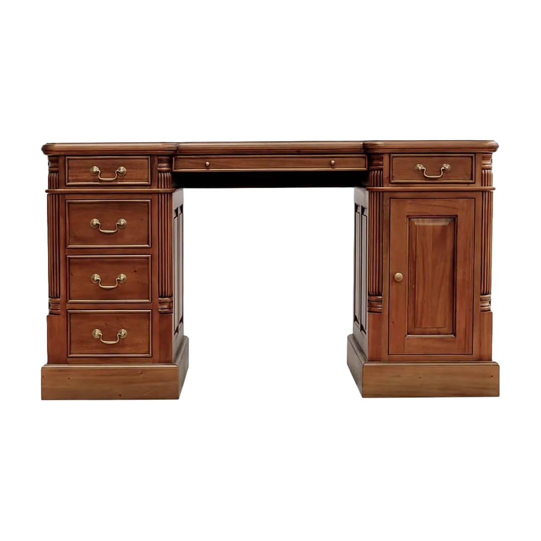 Escritorio victoriano en madera maciza de caoba con acabado en polipiel sobre tablero y accesorios de bronce seis cajones una puerta y estante interior 140x70x78cm - Moycor - 6110201MYC - foto-transparente