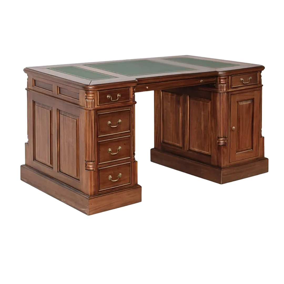 Escritorio victoriano artesanal de caoba maciza con accesorios de bronce tablero en polipiel seis cajones una puerta y estante interior 160x80x78cm - Moycor - 6110202MYC - foto-transparente