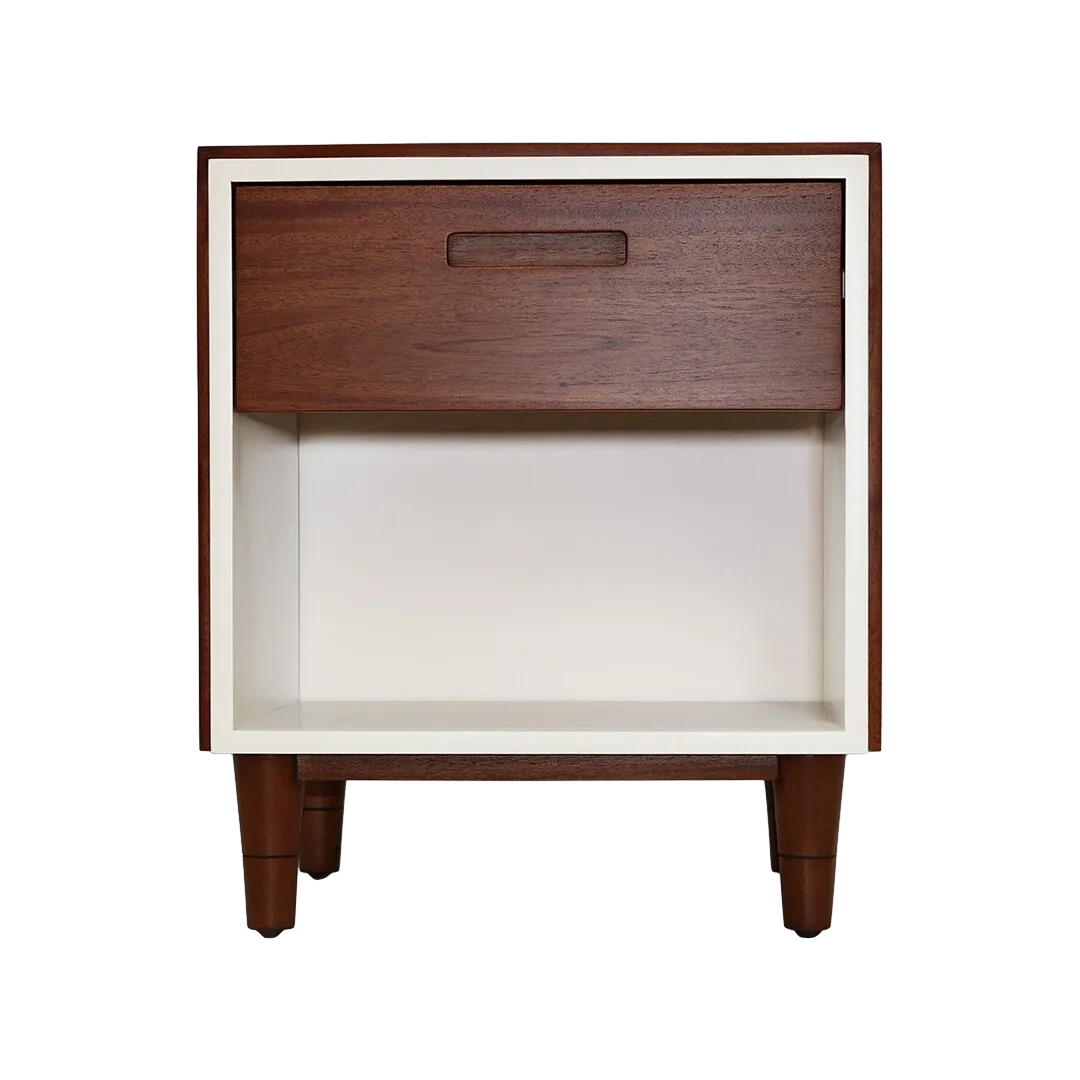 Mesita de noche en madera maciza de caoba con cajón con hendidura integrada y hueco blanco enmarcado por delicado borde 45x40x53cm - Moycor - 6110702MYC - foto-transparente