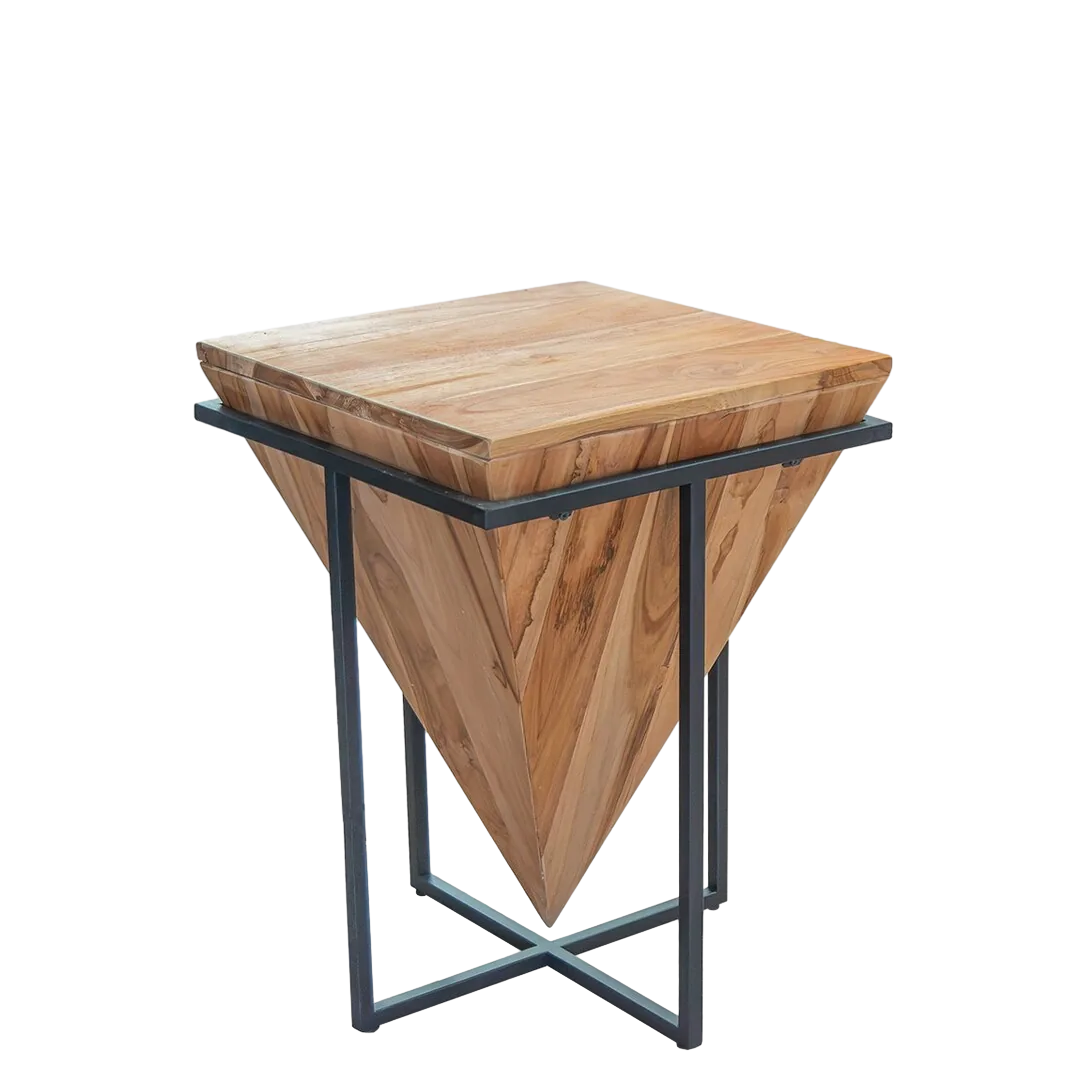 Mesa auxiliar de teca y hierro diseño pirámide invertida artesanal 40x40x55cm - Moycor - 706115MYC - foto-transparente