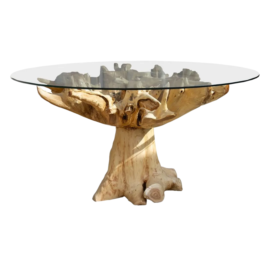 Mesa de raíz de teca y cristal 150x150x78cm - Moycor - 7922018MYC - fondo transparente