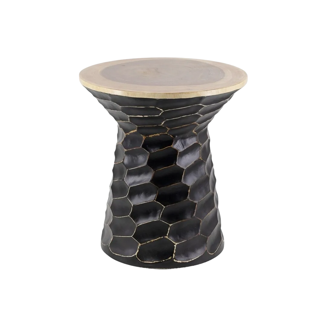 Mesa auxiliar de madera de suar maciza hecha a mano con acabado natural y negro con relieve 45x45x50cm - Moycor - 9470204MYC - foto-transparente