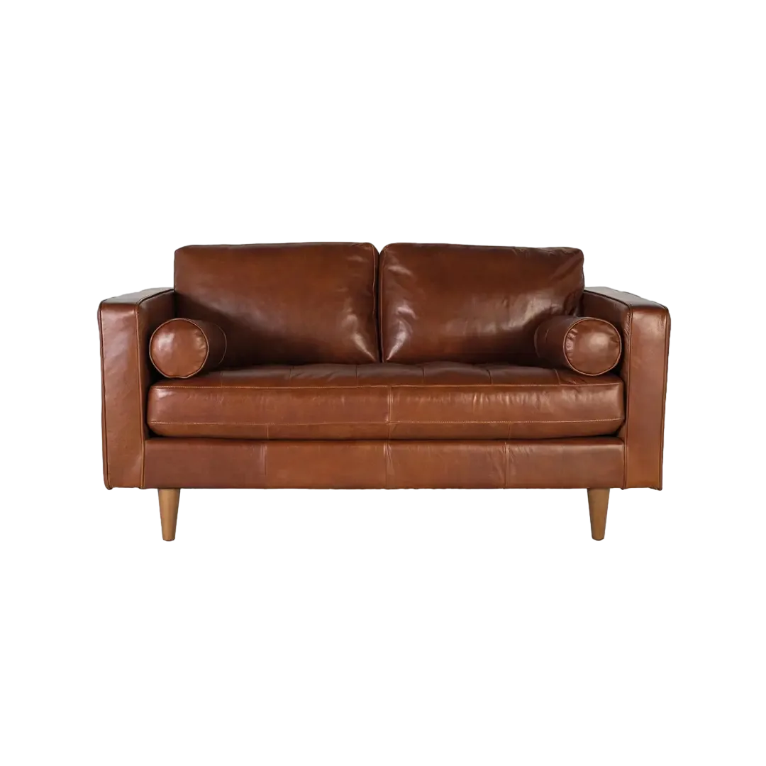 Sofá 2 plazas Alven piel marrón estilo mid-century asientos capitoné patas madera 164x92x86cm - Giner y Colomer - 10009GYC - foto-transparente