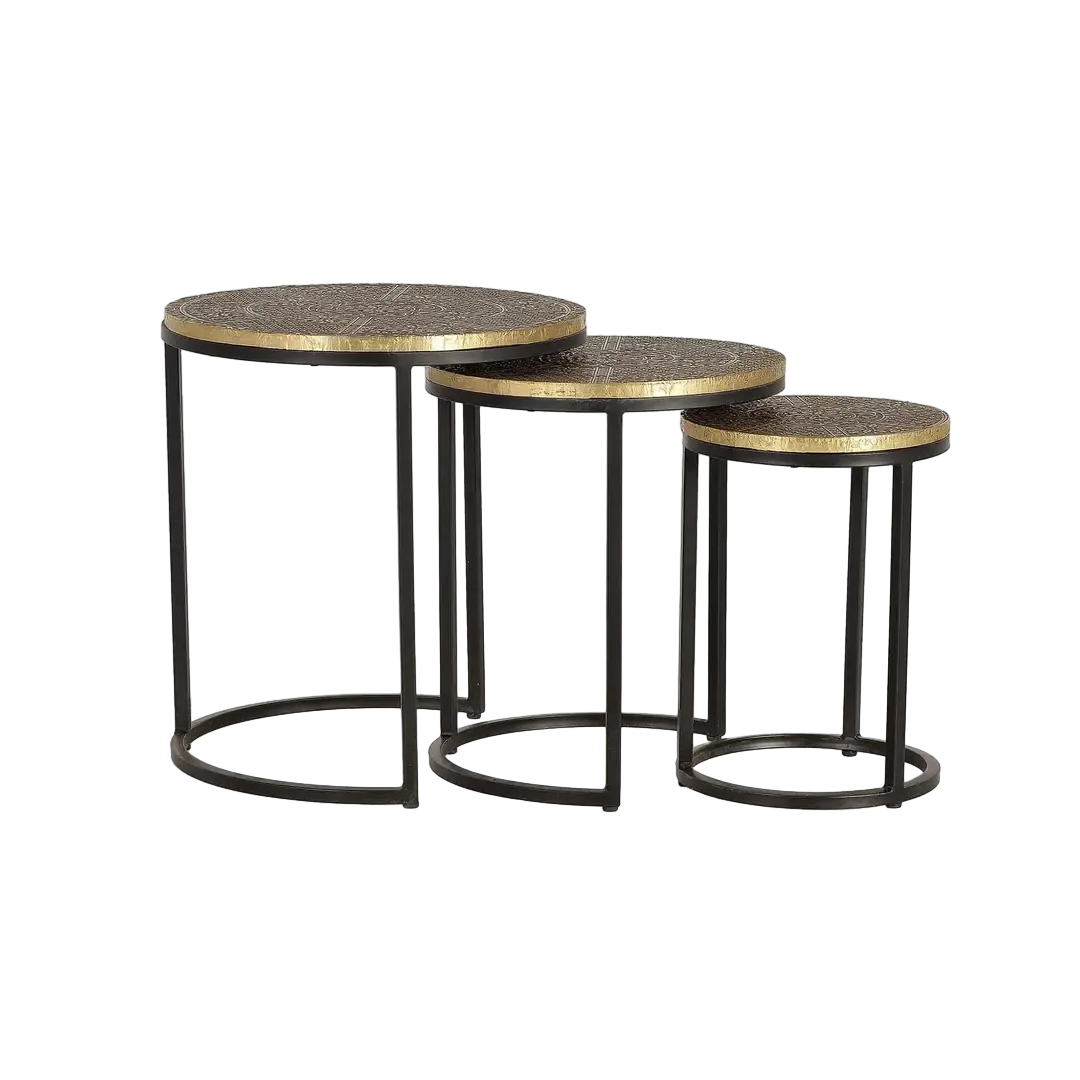 Set de 3 mesas nido redondas Tioman tapa bronce base metal negro estilo industrial apilables mesa grande: 44. mesa mediana: 38. mesa pequeña: 28xmesa grande: 44. mesa mediana: 38. mesa pequeña: 28xmesa grande: 49. mesa mediana: 44. mesa pequeña: 39cm - Giner y Colomer - 1028GYC - foto-transparente