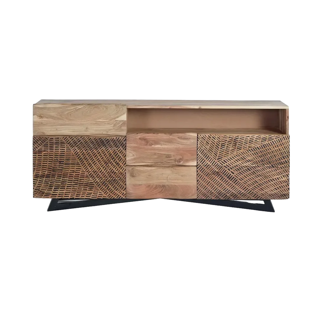 Aparador Yakarta en madera de acacia con patas de metal 3 cajones 2 puertas con estantes interiores y frontales tallados a mano acabado natural 160x36x70cm - Giner y Colomer - 1091GYC - foto-transparente
