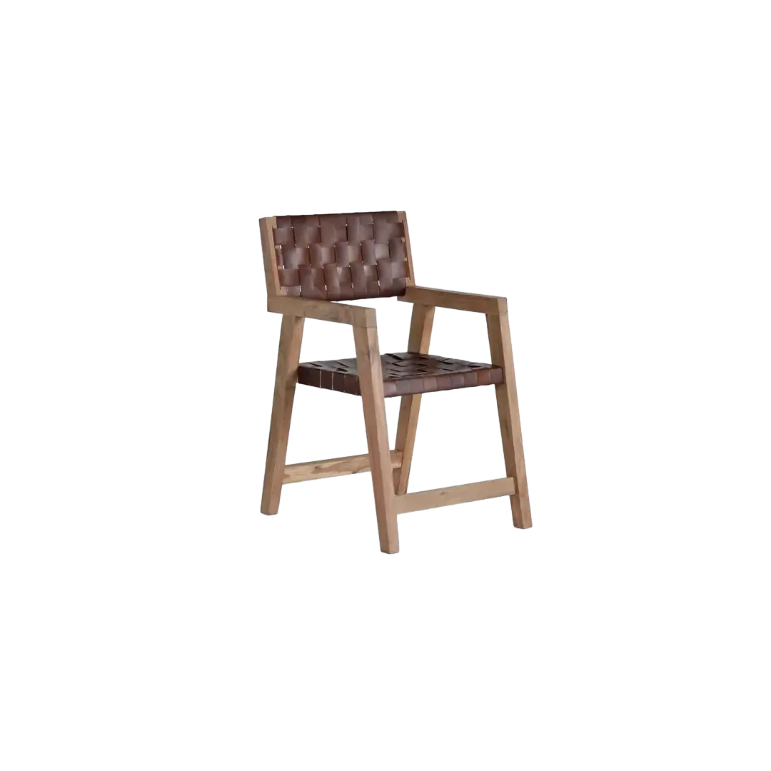 Sillón Dubai tapizado en piel marrón con estructura en madera maciza de acacia asiento cómodo y respaldo envolvente 53x62x90cm - Giner y Colomer - 1217GYC - foto-transparente