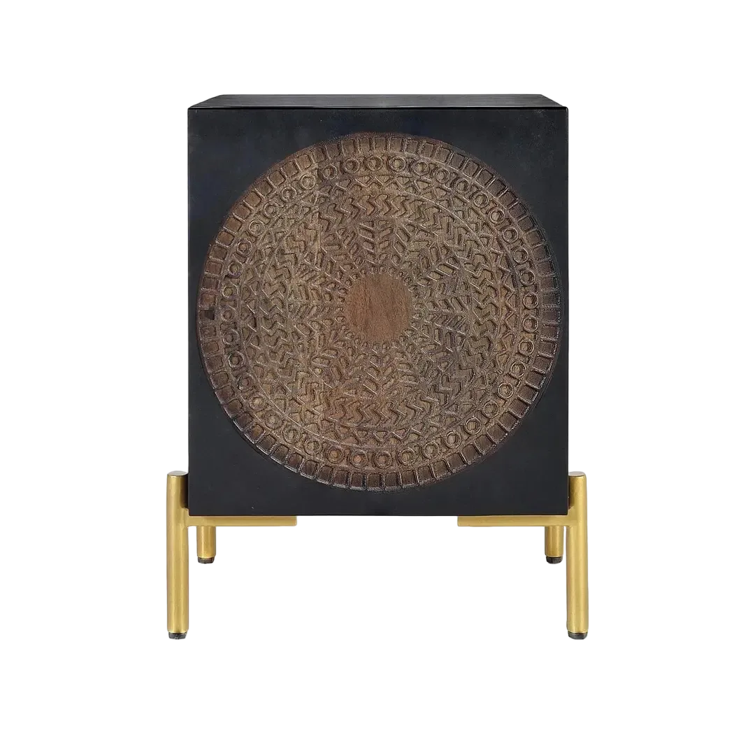 Mesita de noche París en madera de mango acabado nogal oscuro con puerta y patas de metal 43x40x60cm - Giner y Colomer - 1379GYC - foto-transparente