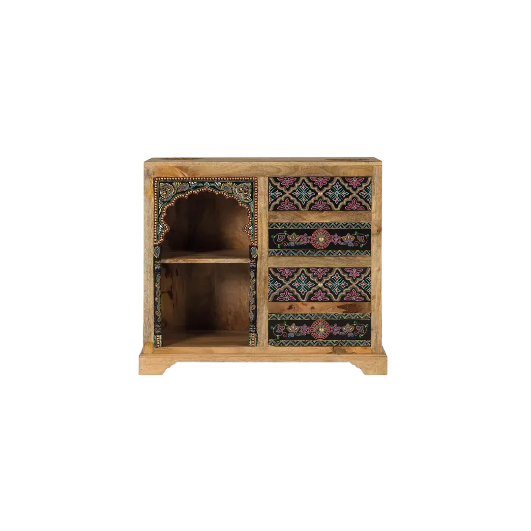 Mueble auxiliar Zyra en madera de mango acabado artesanal 4 cajones multicolor con detalles pintados a mano 90x35x79cm - Giner y Colomer - 1447GYC - foto-transparente
