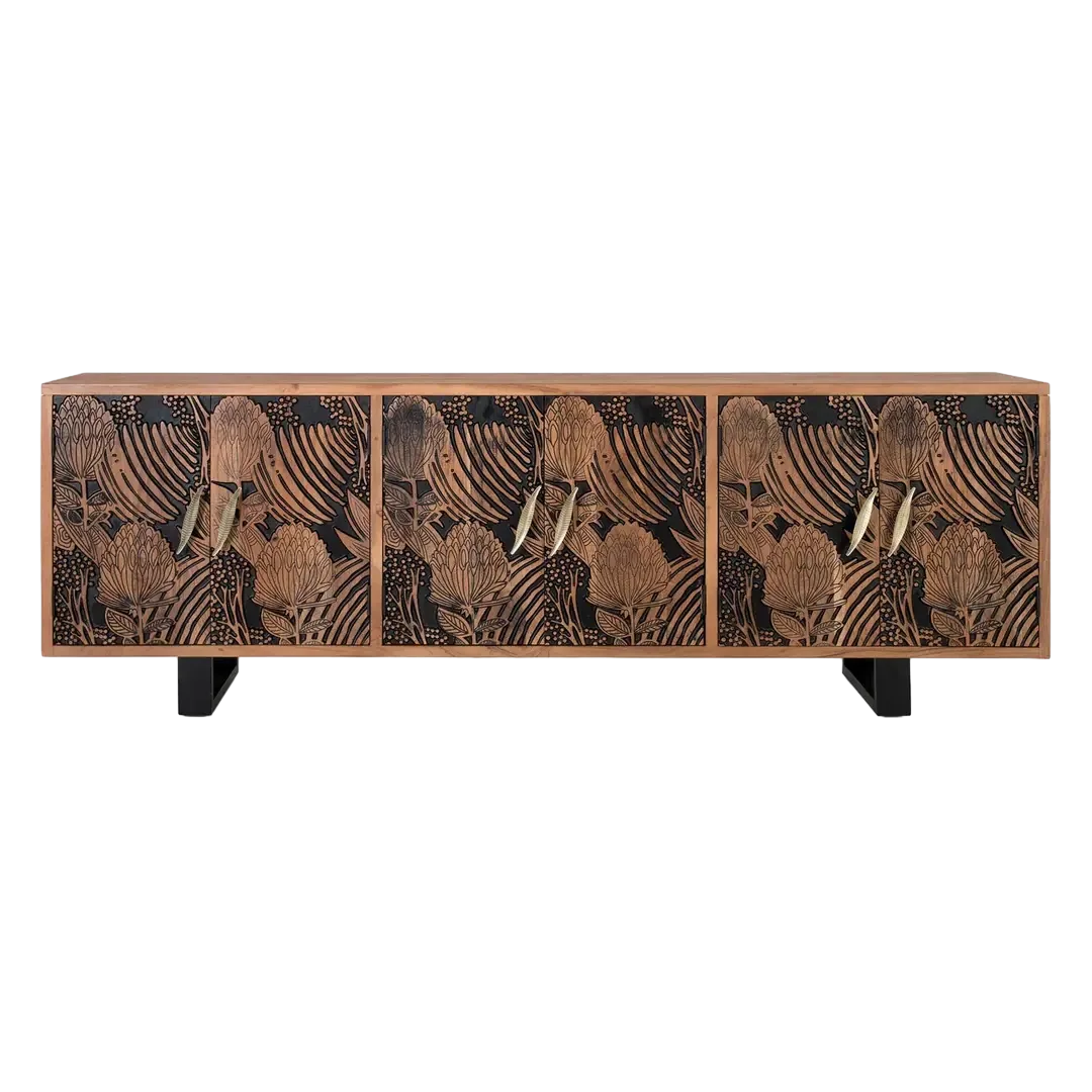 Aparador Tropicana madera maciza acacia patas metal natural y negro 6 puertas amplio almacenaje tacos antideslizantes estilo contemporáneo industrial 220x42x74cm - Giner y Colomer - 1506GYC - foto-transparente