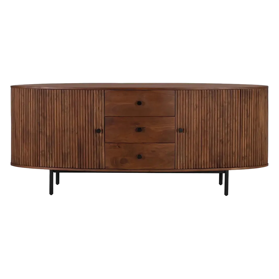 Aparador Ludhiana madera de acacia y metal color cerezo 2 puertas 3 cajones acabado natural nudos y vetas estilo contemporáneo industrial 180x48x75cm - Giner y Colomer - 1598GYC - foto-transparente
