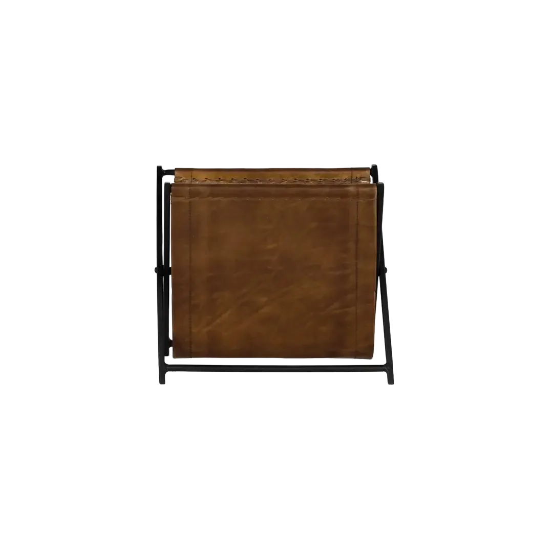 Revistero Aspen plegable en piel marrón con estructura de hierro negro mate diseño elegante y funcional 40x23x34cm - Giner y Colomer - 1758GYC - foto-transparente