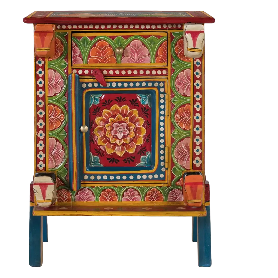 Mesita de noche Madurai madera maciza de mango multicolor étnica con puerta y cajón 43x44x60cm - Giner y Colomer - 2237GYC - foto-transparente