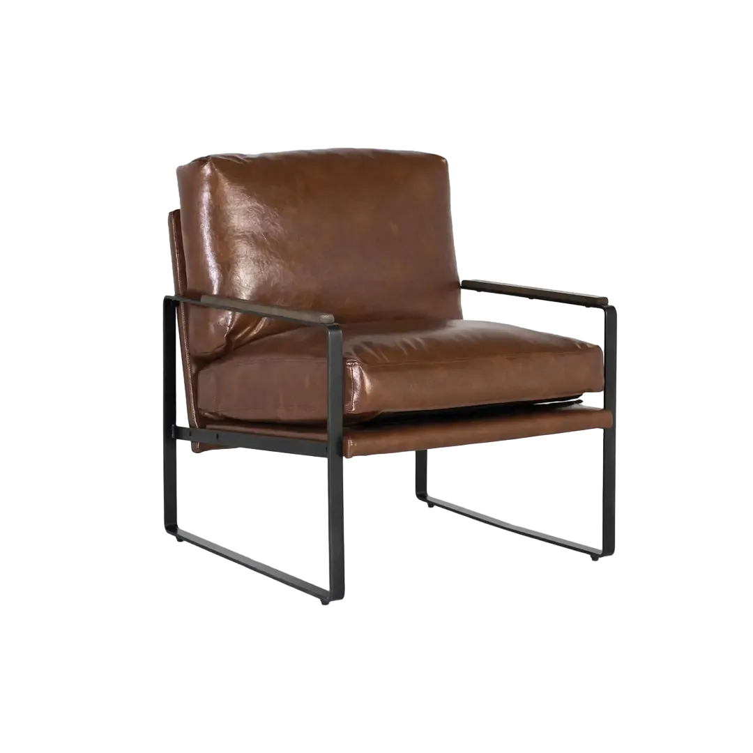 Sillón Serea estilo industrial contemporáneo tapizado en PU marrón envejecido estructura de hierro negra base trineo acolchado 70x80x86cm - Giner y Colomer - 2252GYC - foto-transparente