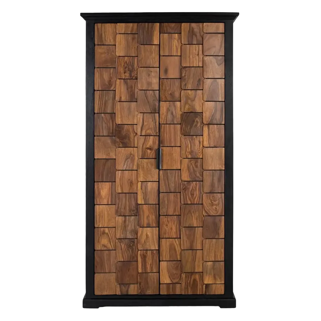 Armario Udaipur en madera de mango y palisandro tonos miel y negro 2 puertas cierre suave 3 estantes sistema antivuelco 95x40x175cm - Giner y Colomer - 2363GYC - foto-transparente