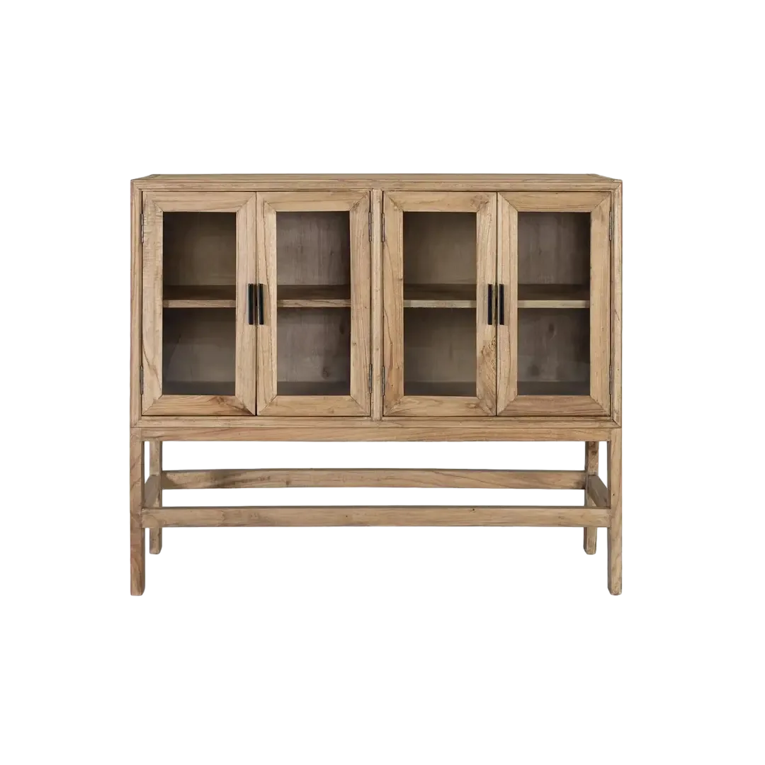 Vitrina Virelle madera de mindi estilo escandinavo 4 puertas con bisagras de piano 2 estantes y detalles en cristal acabado barniz al agua mate 120x40x100cm - Giner y Colomer - 2369GYC - foto-transparente
