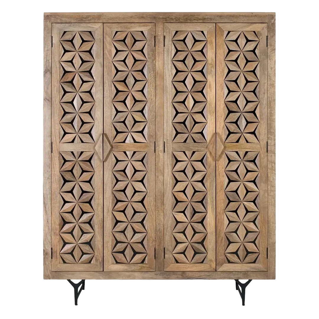 Armario Mysore en madera de mango estilo étnico con 4 puertas 6 estantes barra para colgar y sistema antivuelco vetas naturales 143x45x180cm - Giner y Colomer - 2373GYC - foto-transparente