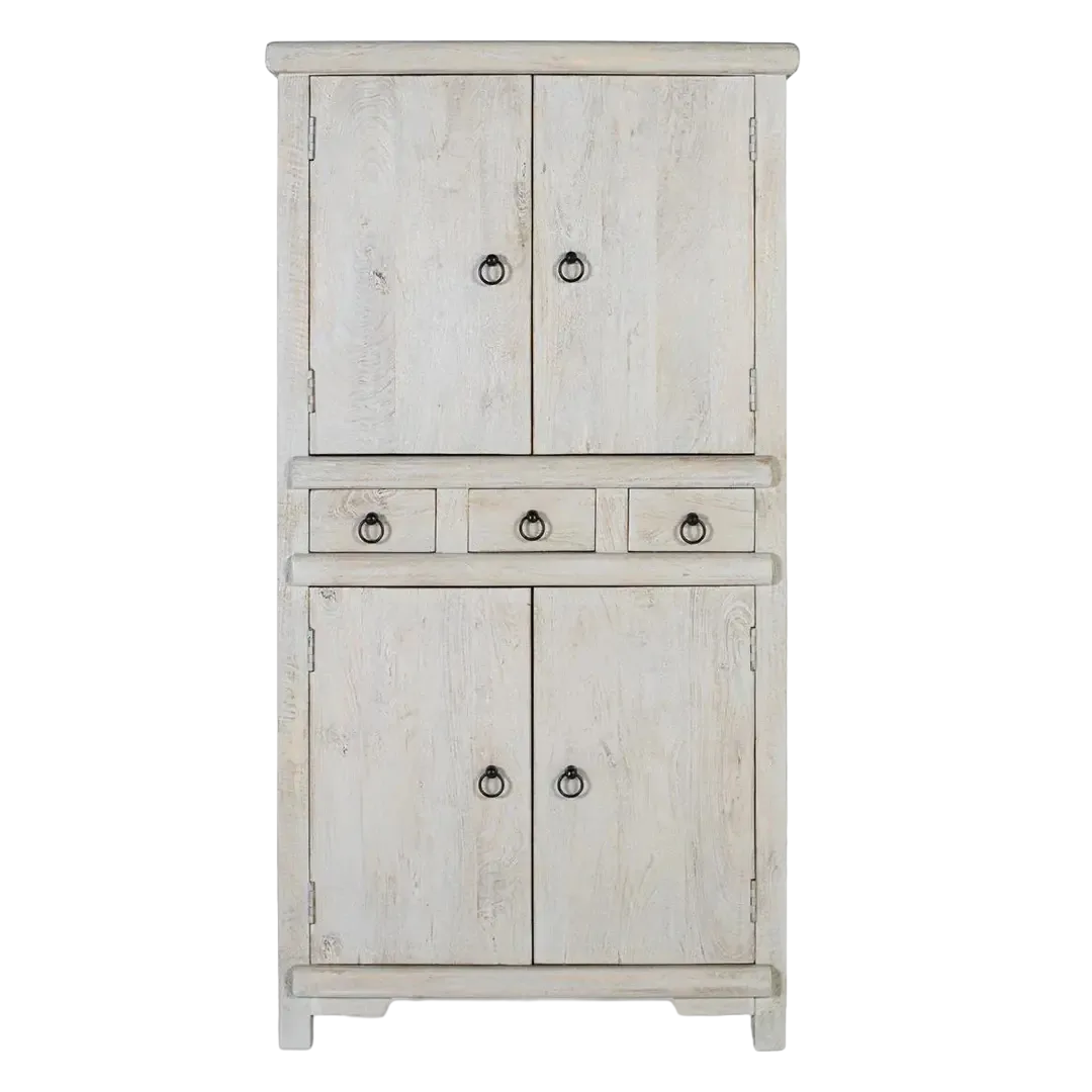 Aparador Lumen estilo rústico provenzal en madera de mango acabado artesanal 4 puertas 3 cajones 2 estantes sistema antivuelco 85x40x160cm - Giner y Colomer - 2375GYC - foto-transparente