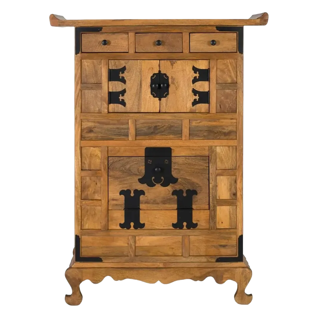 Aparador Corinto madera de mango color miel 3 puertas 3 cajones sistema antivuelco detalles artesanales 91x40x123cm - Giner y Colomer - 2376GYC - foto-transparente