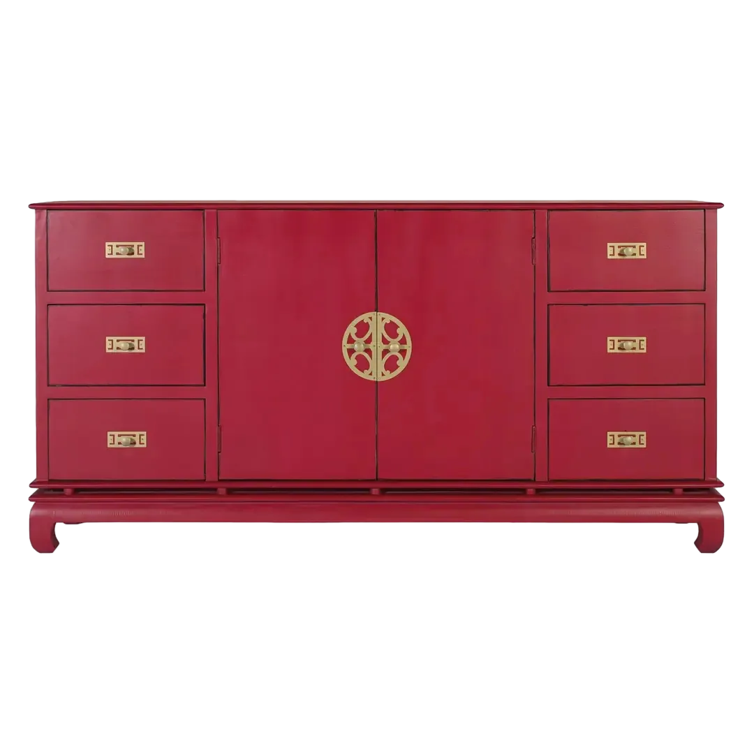 Aparador Basalto de madera de mango estilo oriental rojo carmín 6 cajones 2 puertas con estante interior y sistema antivuelco 180x40x90cm - Giner y Colomer - 2377GYC - foto-transparente
