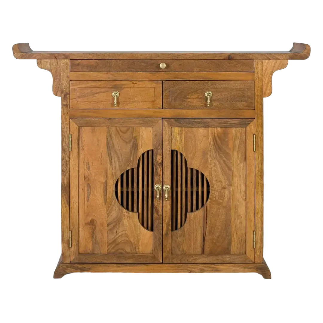 Aparador Saphir de madera de mango de estilo oriental color miel con 2 puertas 3 cajones y sistema antivuelco 120x32x94cm - Giner y Colomer - 2378GYC - foto-transparente