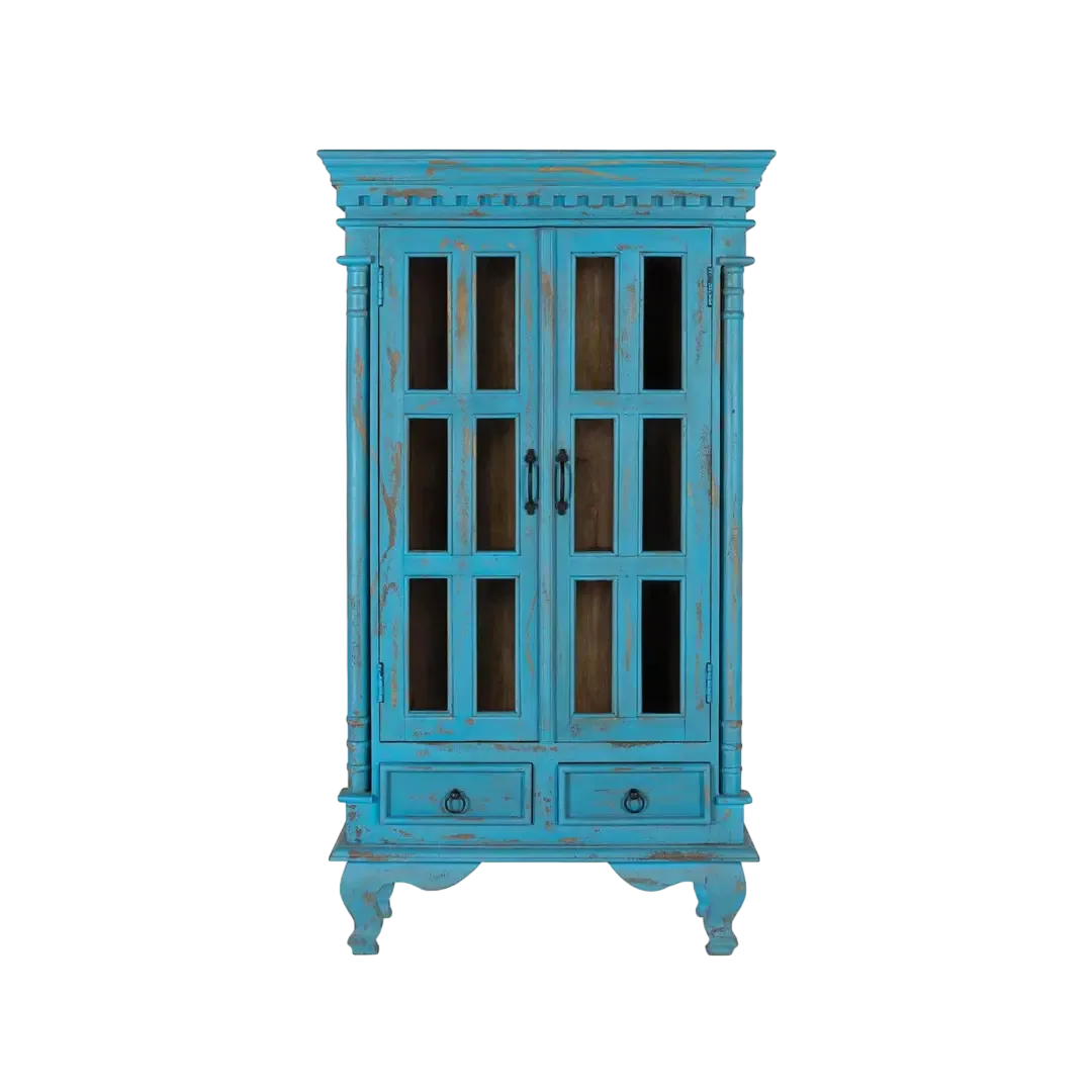 Vitrina Atrium en madera de mango estilo rústico vintage con 2 puertas con bisagras de piano 2 estantes y 2 cajones con guías de madera acabado artesano con vetas y nudos naturales 90x40x160cm - Giner y Colomer - 2379GYC - foto-transparente
