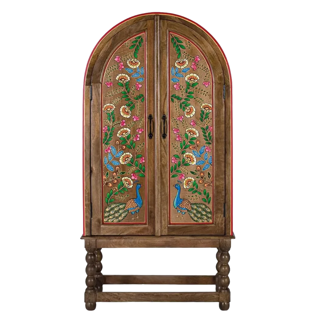 Armario Silex madera de mango con arco superior estilo étnico acabado marrón oscuro con detalles multicolor puertas con bisagras de piano y estantes interiores 83x40x160cm - Giner y Colomer - 2380GYC - foto-transparente