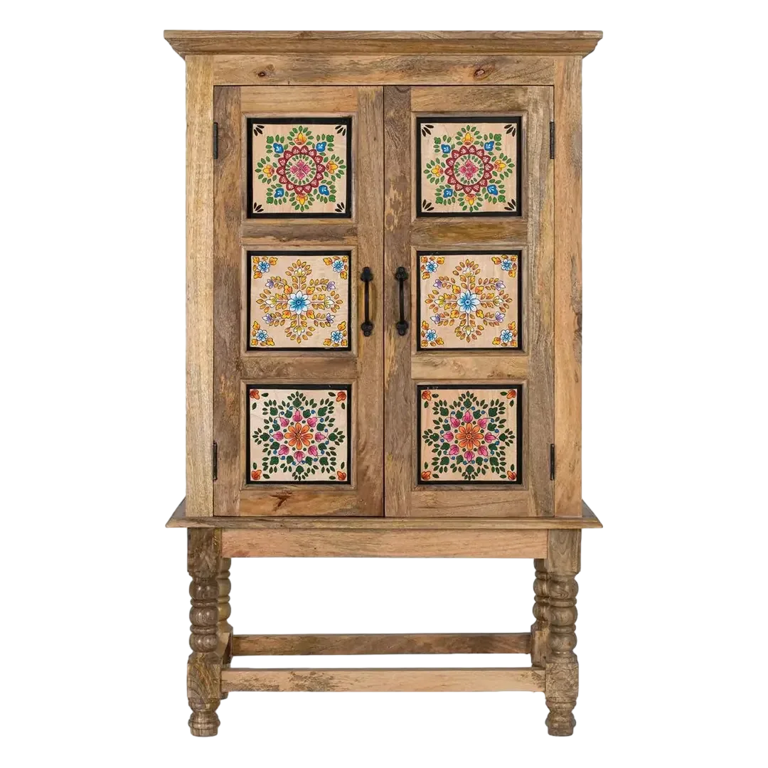 Armario Duna de madera de mango estilo étnico colonial acabado natural mate con decoraciones multicolor dos puertas y estante patas elevadas 82x40x134cm - Giner y Colomer - 2381GYC - foto-transparente