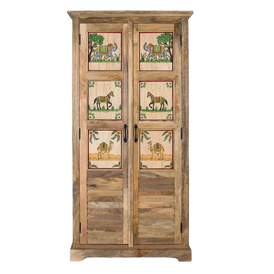 Armario Noreva madera de mango estilo étnico colonial acabado natural mate decoración multicolor dos puertas con estantes 92x40x180cm - Giner y Colomer - 2382GYC - foto-transparente