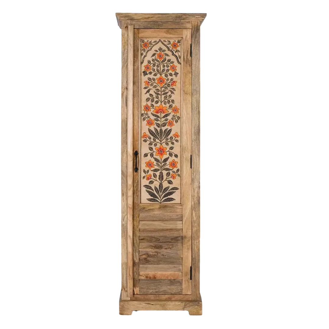 Armario Elaro en madera de mango estilo étnico colonial acabado natural mate estrecho vertical con puerta y estantes 55x40x180cm - Giner y Colomer - 2383GYC - foto-transparente