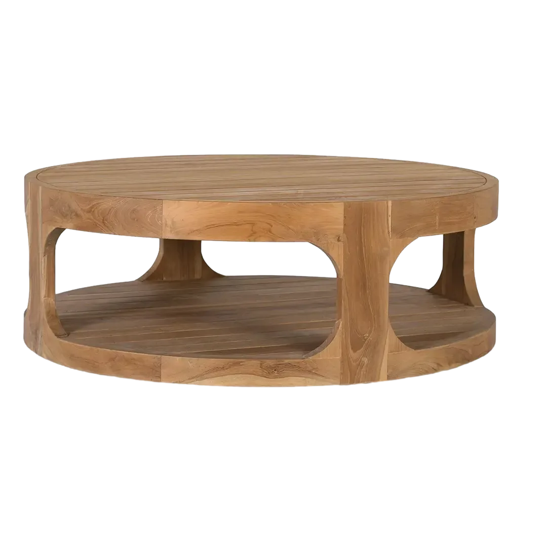 Mesa de centro Pistoia redonda en teca natural acabado mate con balda inferior 100x100x35cm - Giner y Colomer - 2392GYC - foto-transparente