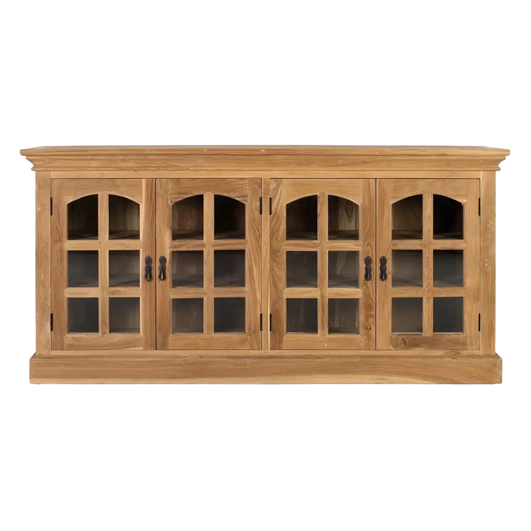 Aparador Pistoia en teca y cristal con 4 puertas y 4 estantes acabado natural 180x40x87cm - Giner y Colomer - 2394GYC - foto-transparente