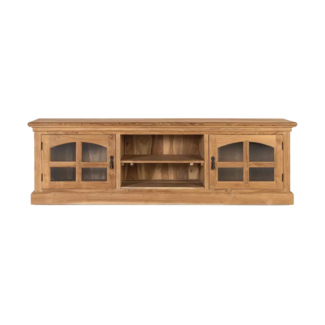 Mueble de TV Pistoia de teca con detalles de cristal 2 puertas y estante interior 180x35x56cm - Giner y Colomer - 2395GYC - foto-transparente
