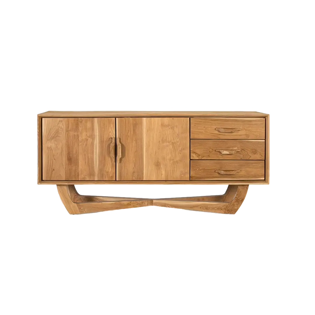 Mueble de TV Nova en teca natural 2 puertas y 3 cajones amplio almacenamiento diseño contemporáneo patas elevadas 150x40x66cm - Giner y Colomer - 2396GYC - foto-transparente