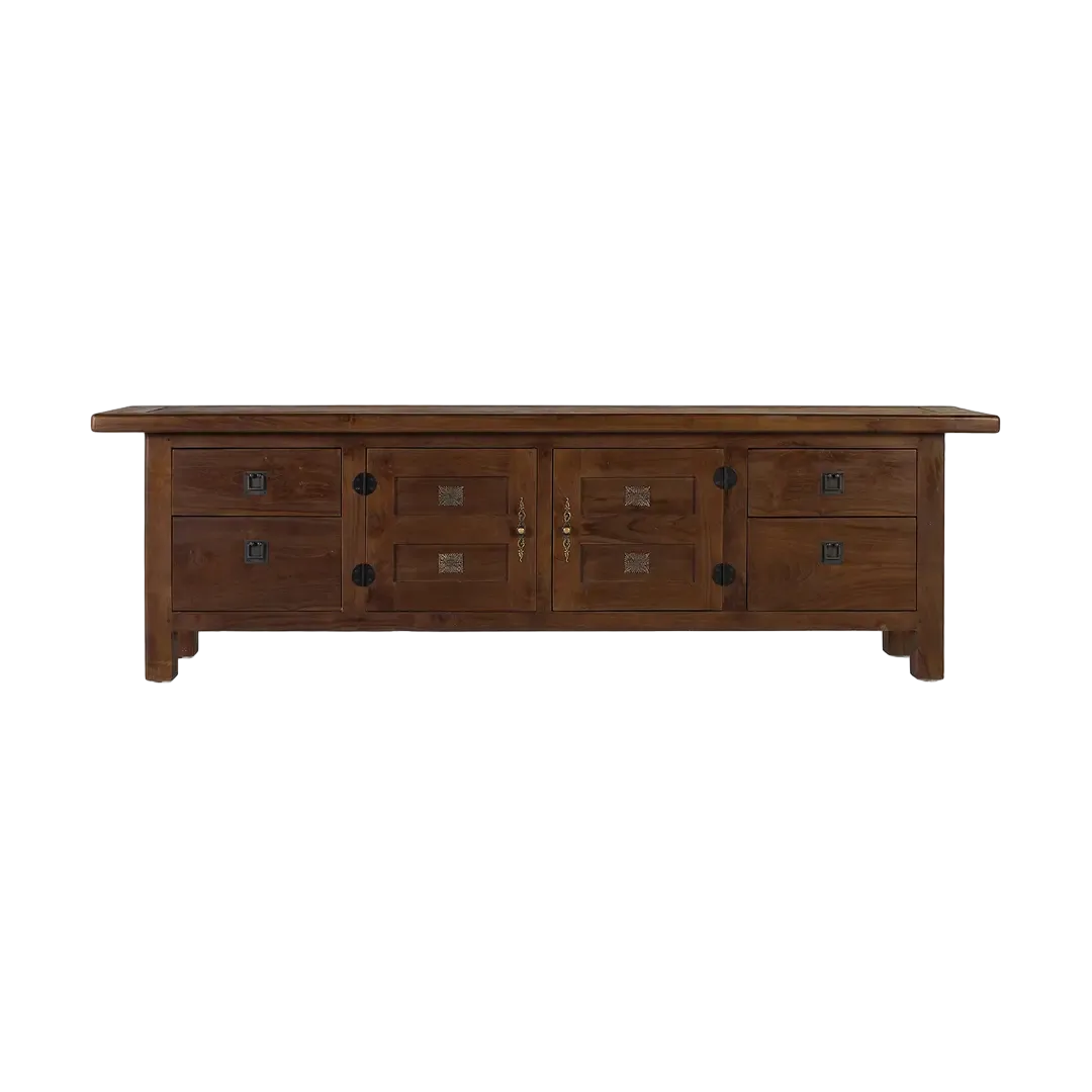 Mueble TV Altair en teca nogal satinado 2 puertas 4 cajones tapa con marco 180x35x56cm - Giner y Colomer - 2397GYC - foto-transparente